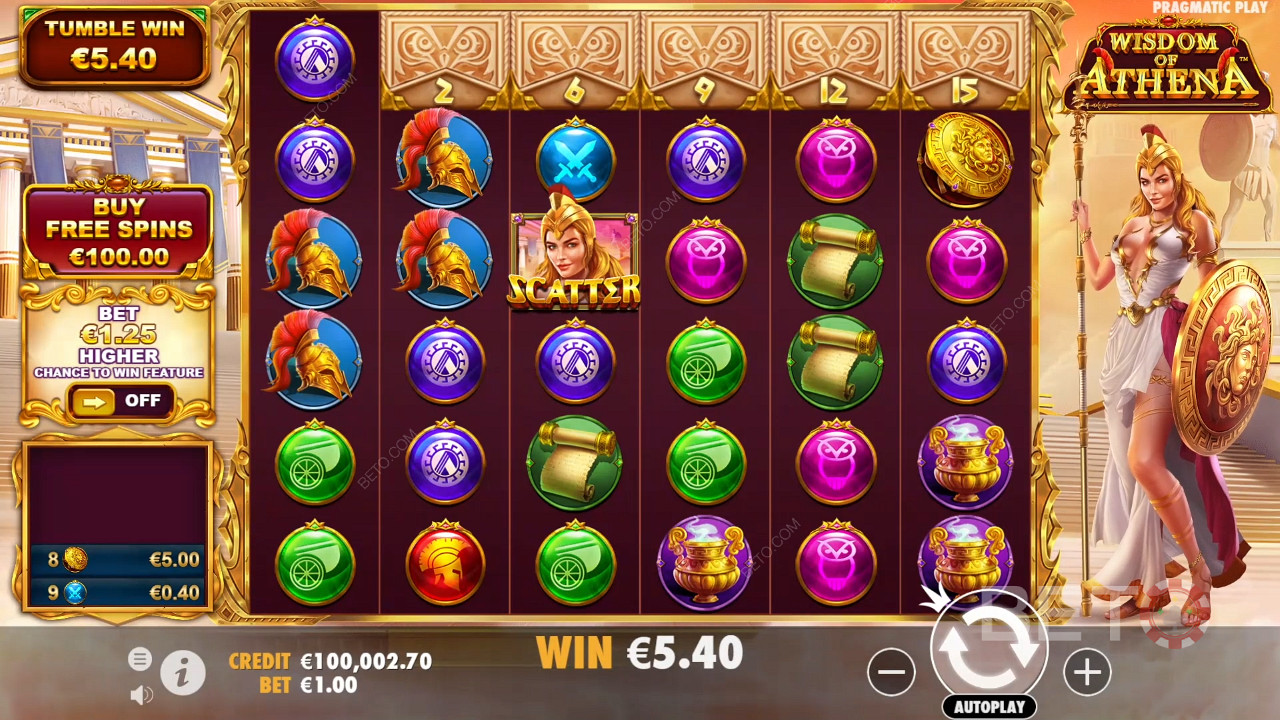 Wisdom of Athena slot makinesinde Ücretsiz Döndürme satın alın veya Ante Bet özelliğini kullanın