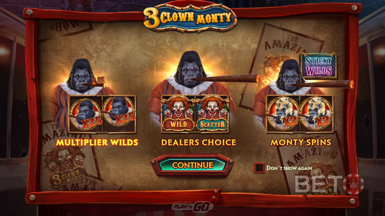 3 Clown Monty slot makinesinde çeşitli güçlü özelliklerin ve ücretsiz çevirmelerin keyfini çıkarın