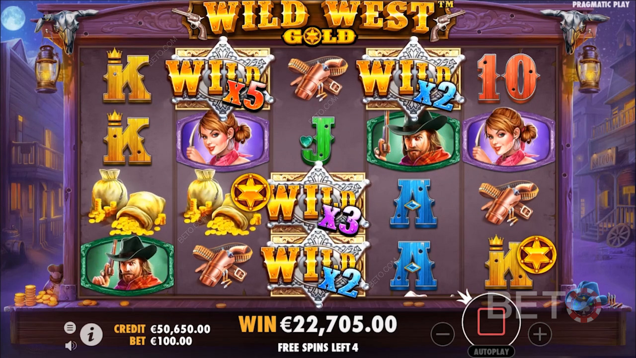 Wild West Gold slotundaki Wild Semboller Çarpanlarla birlikte gelir