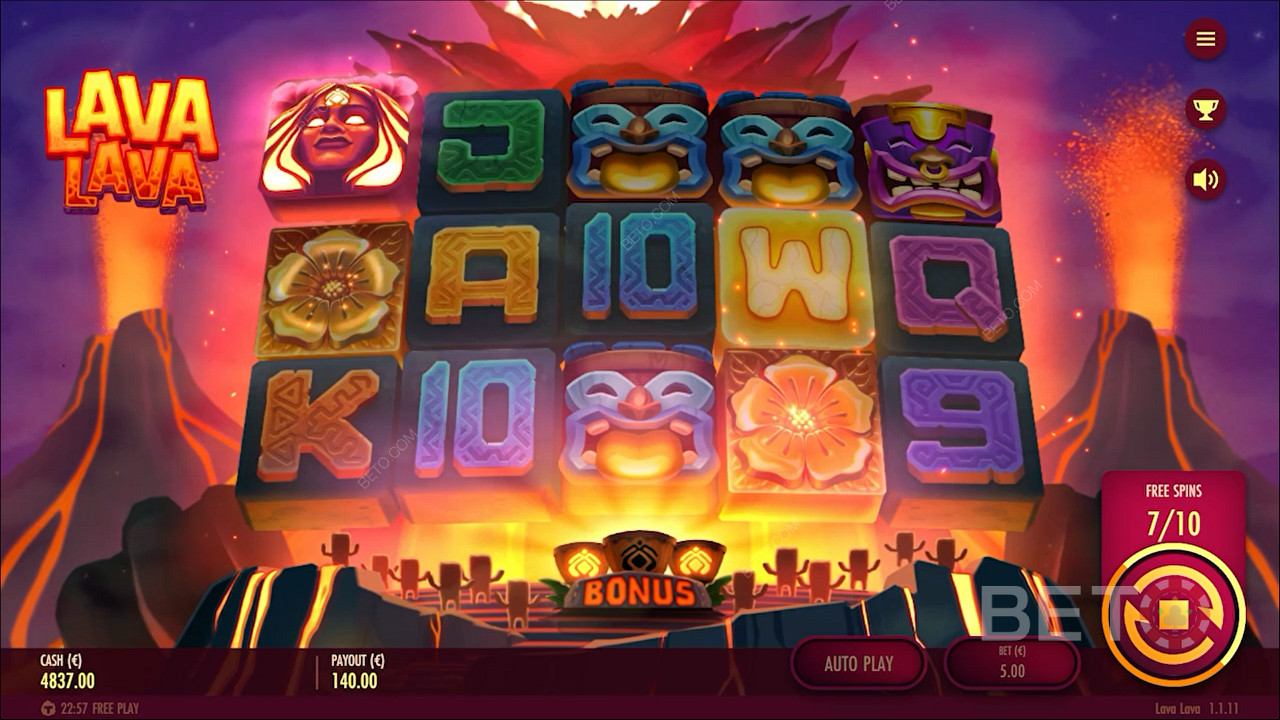 Lava Lava slotunda bonus oyunu tetiklemek için 3 Scatter toplayın
