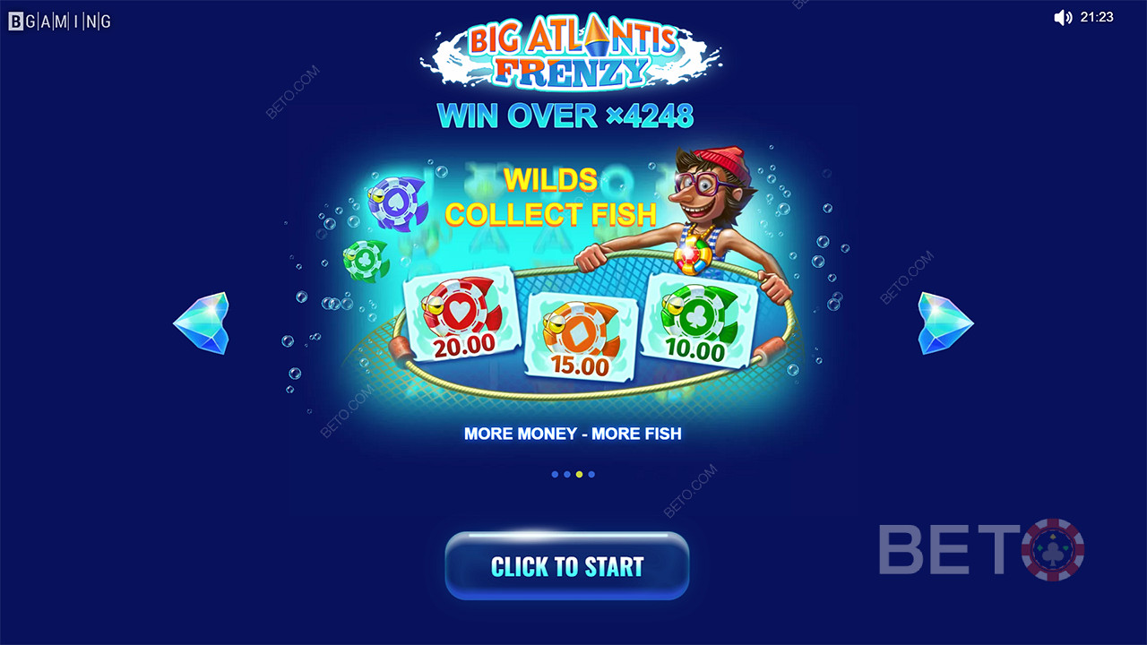 Wild sembolleri balık sembollerini toplar ve Big Atlantis Frenzy slotunda kazanç sağlar